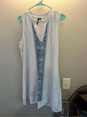 AquaSol Sleeveless White & Blue Printed Tunic Dress